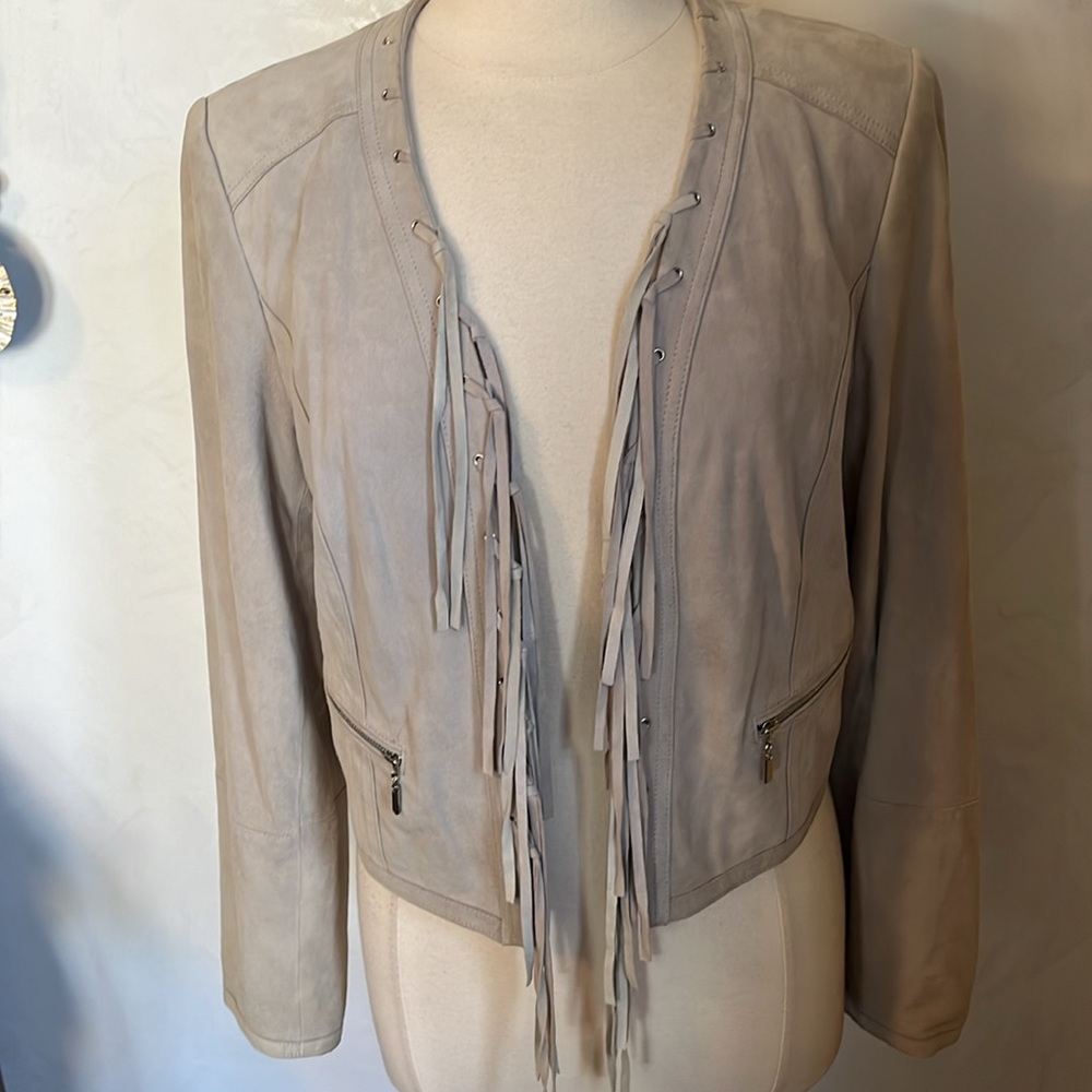 WhiteHouseaBlackMarket Light Gray Genuine Suede Jacket w/Fringe lace up Size L - Picture 12 of 17